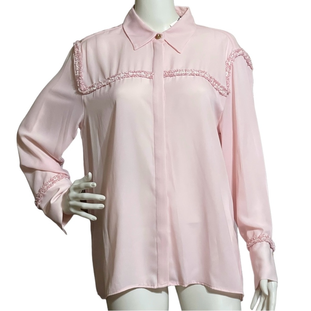 Zara Contrast Textured Appliqué Long Sleeve Front Button Shirt Pastel Pink L